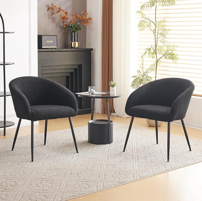 Modern Small Accent Chair Set of 2, Comfy Sherpa Makeup Vanity Chair with Metal Legs, Decorative Chair no Wheels for Living Room, Dressing Room, Bedroom, Black
