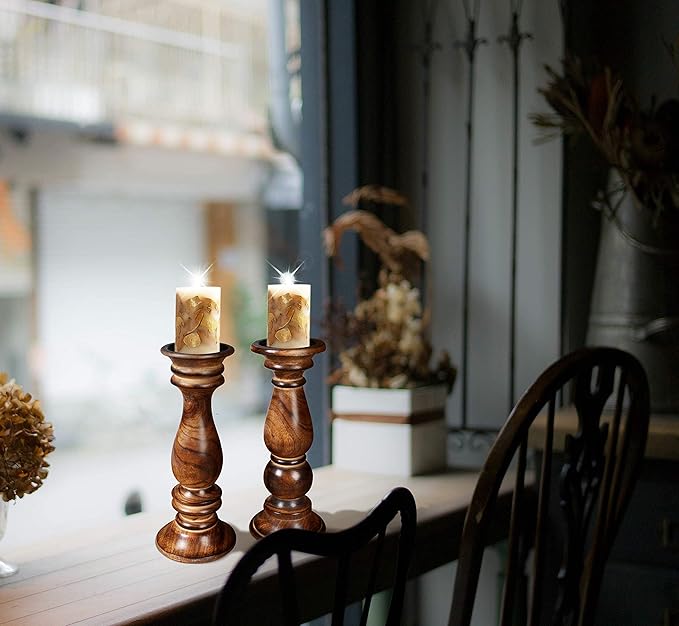 Set of 2 Tall Wooden Candle Holders (12"x4.5") in Rustic Burnt Finish. Perfect for Farmhouse Decor, Mantle, or Table Centerpiece. Holds Pillar Candles. Stylish, Sturdy, and Timeless Charm