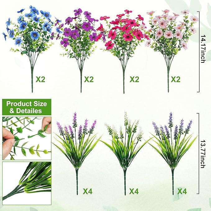 20 Bundles Artificial Flowers for Outdoors Decoration Fake Silk Flowers UV Resistant Faux Plants Artificial Daisy Eucalyptus for Spring Summer Garden Yard Porch Window Home Decor, Mixed