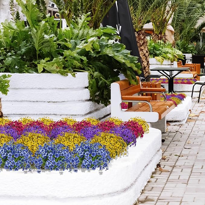 Artificial Flowers 15 Bunches Outdoor UV Resistant Faux Flowers Plastic Fabric Greenery Plants for Hanging Planter Kitchen Home Wedding Office Garden Decoration (Blue, Spring Grass)