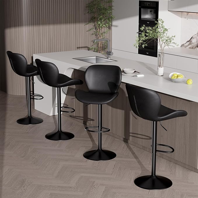 Nalupatio Swivel Bar Stools Set of 4,PU Leather Upholstered Barstools with Back & Footrest, Seat Adjustable Height 22.2-31IN Counter Height Bar Chairs for Bar Kitchen Island,Black