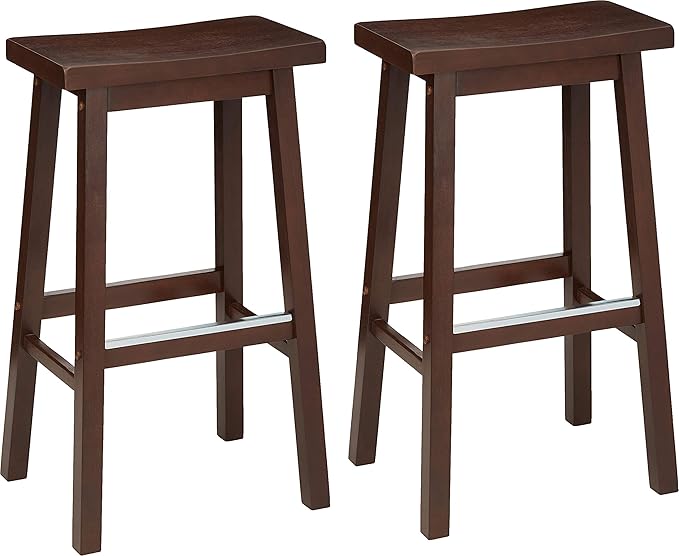 Amazon Basics Solid Wood Saddle-Seat Kitchen Counter Barstool with Footrest, Easy Assembly - 29-Inch Height - Walnut - Set of 2