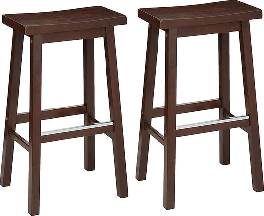 Amazon Basics Solid Wood Saddle-Seat Kitchen Counter Barstool with Footrest, Easy Assembly - 29-Inch Height - Walnut - Set of 2