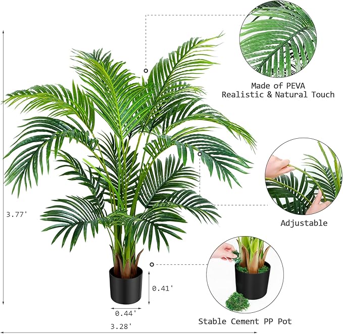Worth Garden 4ft Artificial Areca Palm Plant, Fake Cane Palm Silk Tree Indoor Outdoor, Dypsis Lutescens, 47in Realistic Faux Silk Plants for Office Decoration