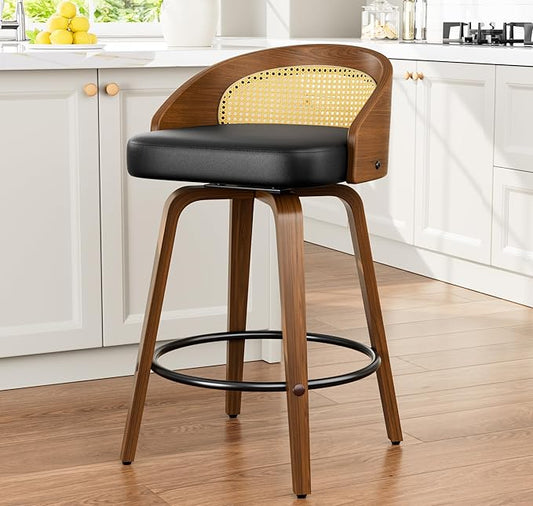 Swivel Bar Stools, 26" Upholstered Faux Leather Barstools with Bentwood Legs, Mid Century Modern Counter Height Bar Stools with Rattan Back for Kitchen Island, Dining Room, Black