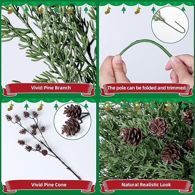 Faux Cedar Stems Artificial Norfolk Pine Branches for Christmas Decor, 12 PCS Fake Pine Stems with 2 PCS Pine Cones Branches Real Touch Realistic Faux Greenery for Vases DIY Garland Xmas Table Indoor
