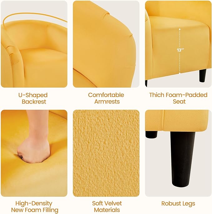 Yaheetech Yellow Chair, Accent Chair for Bedroom, Armchair for Living Room, Velvet Fabric Club Chair with Soft Padded Seat and Sturdy Legs for Bedroom Waiting Room, Yellow