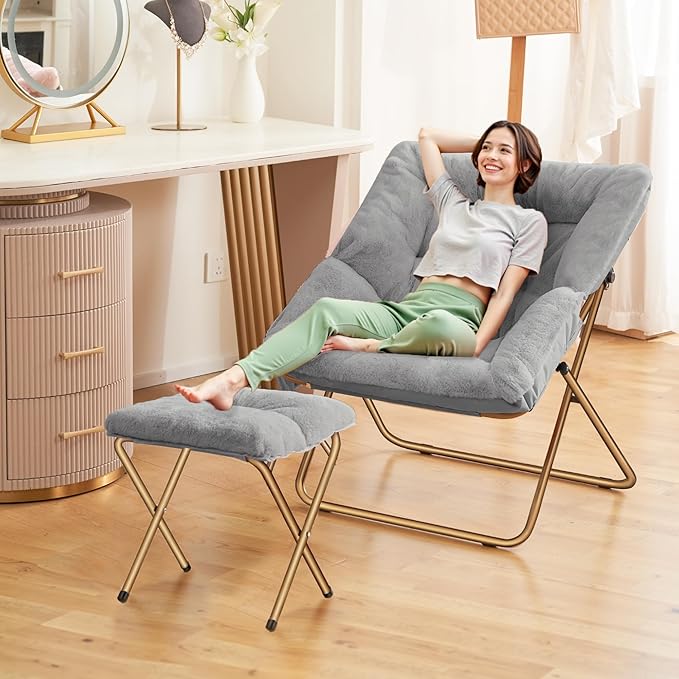 Comfy Saucer Chair, Foldable Living Room Chairs, Soft Faux Fur Lounge Chair for Bedroom, Reading Chairs for Adults, Kids, X-Large (Blue Grey)