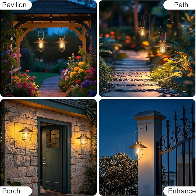 Solar Lantern Outdoor Waterproof Hanging Light Vintage Metal Solar Lantern Light with Warm White Edison Bulb Decorative for Patio, Backyard, Porch,Farmhouse