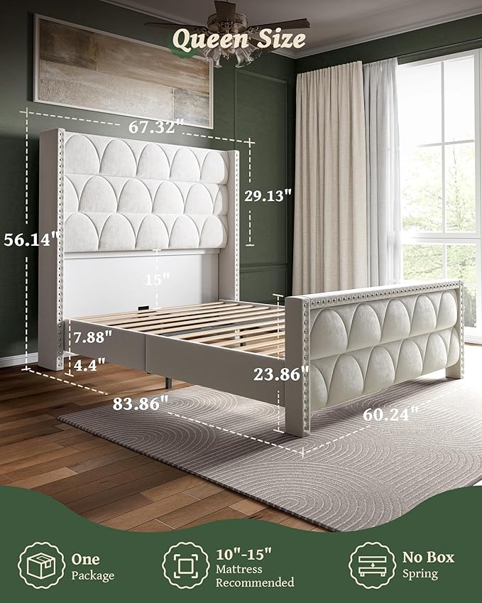 Queen Size Bed Frame with 56" Headboard - 900LBS Capacity Support, Velvet Upholstered Wingback Platform Bed Frame, Noise Free, Sturdy Wooden Slat Support