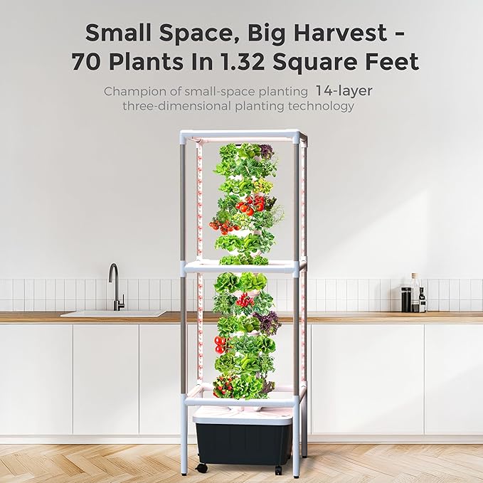 SJZX Hydroponic Growing System Kit - 70 Pods Large Vertical Hydroponics Tower with 8 Full-Spectrum 360° LED Grow Lights, 14-Tier Smart Indoor Herb Garden for Kitchen Office Winter Balcony Planting
