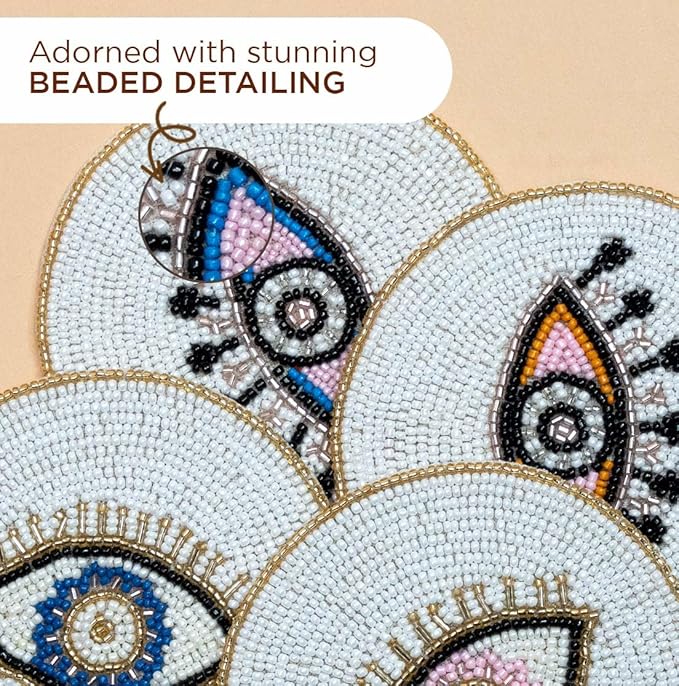 Folkulture Beaded Coasters for Drinks | Set of 4 (4") Round Decorative Bar Coaster for Table Décorations or Coffee Table | Cute Boho Coasters | Set of 4 Evil Eye Decor Gifts for Her