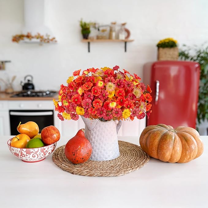 Fall Artificial Flowers for Decoration, 12 Bundles Fake Autumn Flower Plants Petunias, Faux Silk Morning Glory Eucalyptus for Planter Garden Porch Front Door Window Box, Orange Red Yellow
