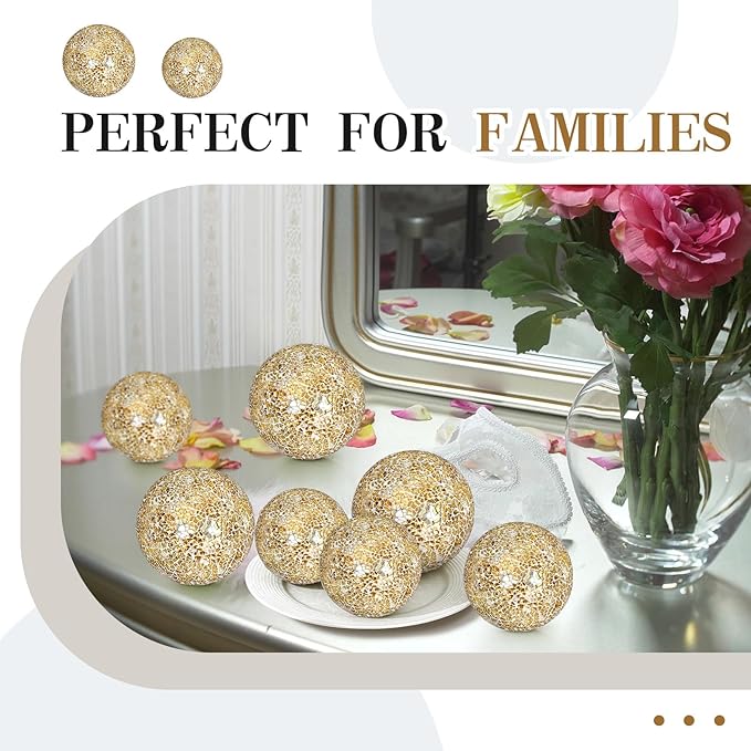 8 Pcs 3'' 4'' Decorative Ball for Centerpiece Bowls Glass Mosaic Sphere Decorative Orbs for Bowl Vase Fillers Christmas Wedding Party Dining Room Table Decor(Gold)