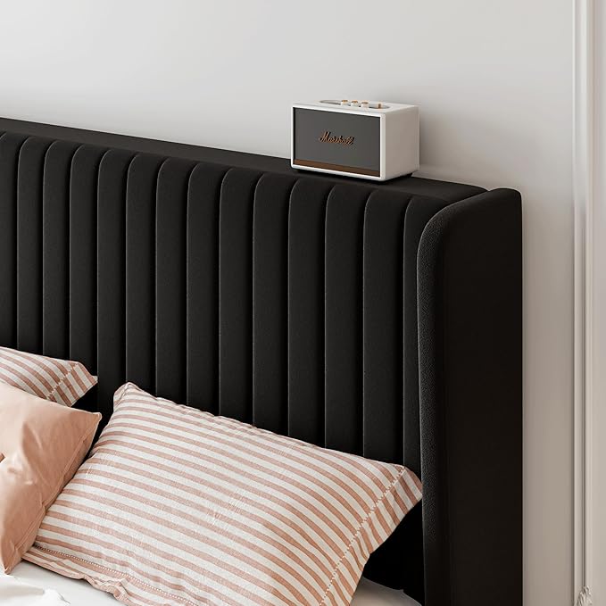 SHA CERLIN Queen Size Velvet Bed Frame with Vertical Channel Tufted Wingback Headboard, Upholstered Platform Bed with Wood Slats, No Box Spring Needed, Easy Assembly, Black