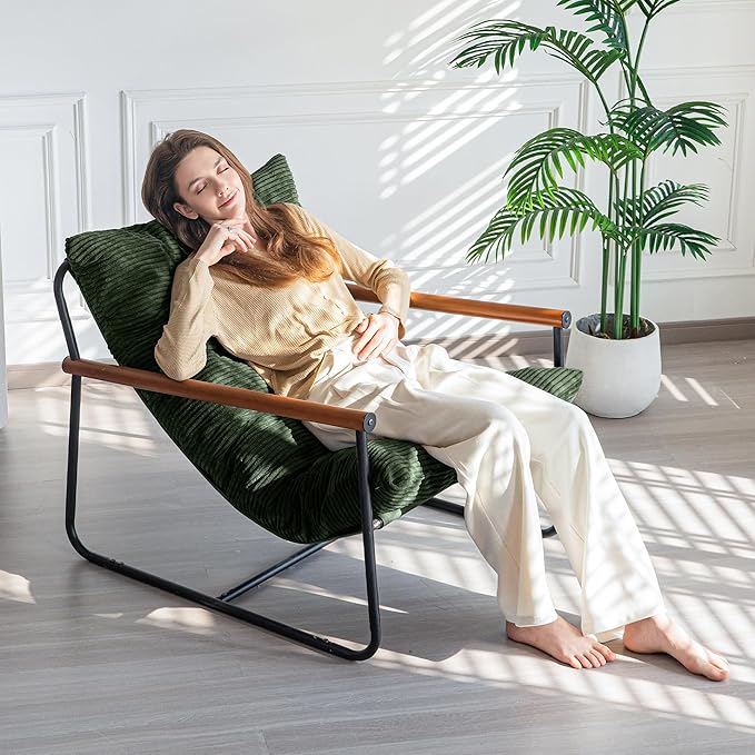MAXYOYO Modern Accent Chair, Comfy Living Room Chair with Metal Frame Wooden Armrest, Upholstered Armchair with Soft Cushion for Bedroom Balcony Lounge Reading Room, Dark Green