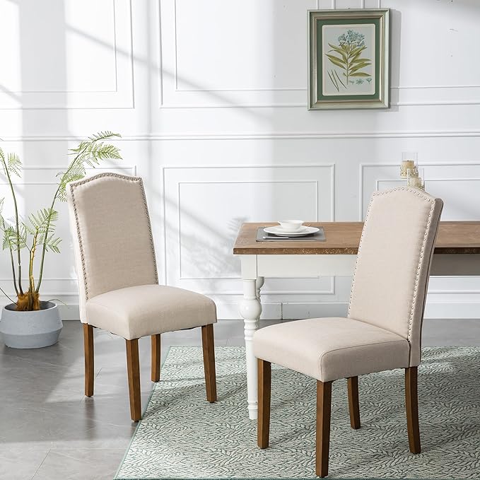 Stylish Upholstered Parsons Dining Chair Kitchen with Silver Nailhead Trim and Sturdy Solid Wood Legs