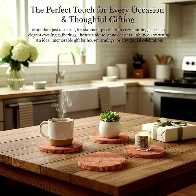 CASACOUTURE-Red Travertine-Stone-Coasters Set of 4-Round -4" Diameter Drink Coasters for Housewarming Desktop Protection Suitable for Various Cups - Sturdy and Durable Aesthetics