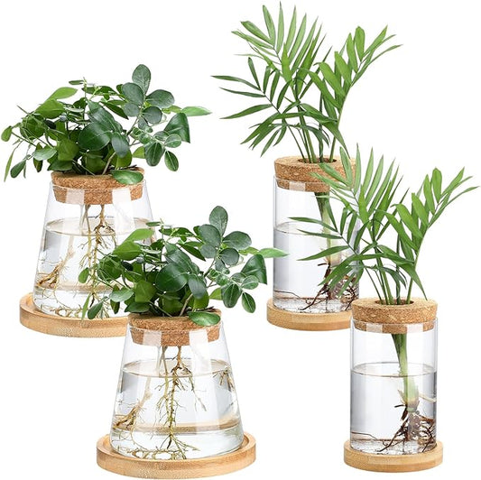 Layhit 4 Pcs Plants Propagation Stations vases Glass Planters with Wooden Lid and Bamboo Stand for Hydroponic Plants Gardening Gifts for Women Mom Home Office Tabletop Decoration(Stylish Style)