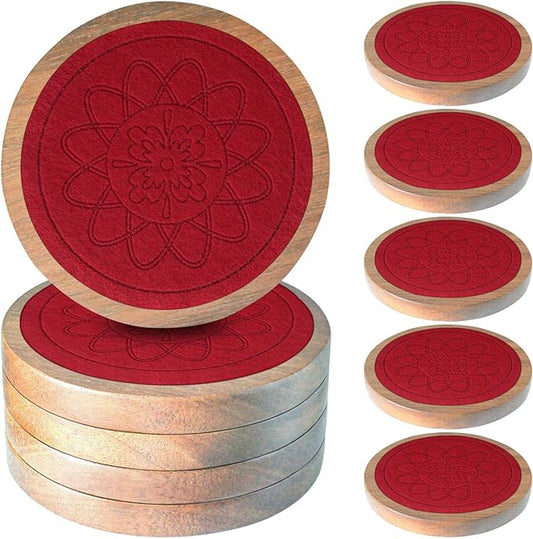 5 Pack Wood Coasters for Drinks, Minacun Absorbent Coaster Set, Drinks Coasters for Coffee Tabletop Protection, Non-Slip, Non-Stick, Suitable for Kinds of Cups Wooden Table Drink, 4.3 Inch Red