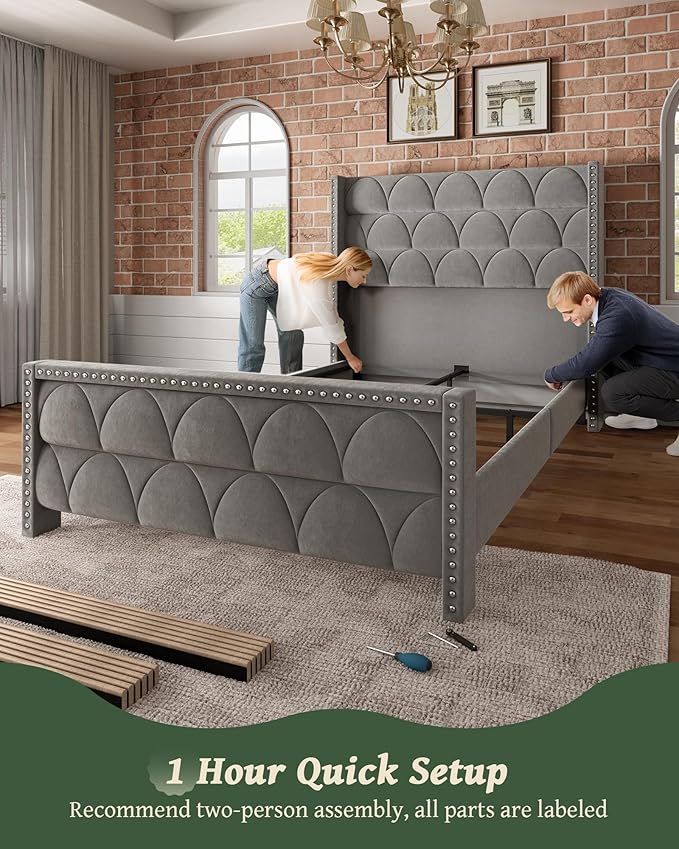 Queen Size Bed Frame with 56" Headboard - 900LBS Capacity Support, Velvet Upholstered Wingback Platform Bed Frame, Noise Free, Sturdy Wooden Slat Support