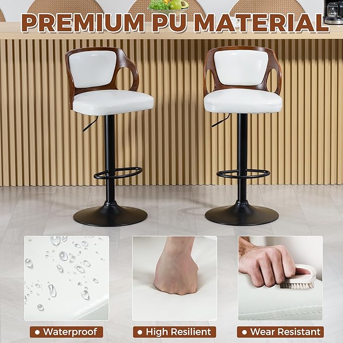 ECOTOUGE Swivel Bar Stools Set of 4, Height Adjustable Bentwood Island Stools, Modern Counter Height Bar Stools, Faux Leather Counter Stools with Back & Footrest, White