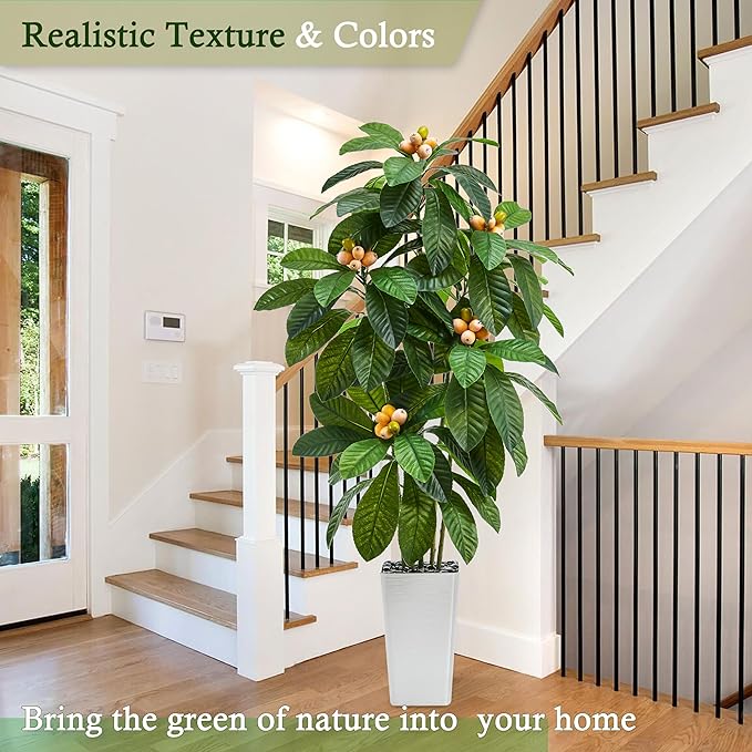 Artificial Loquat Tree：Faux Tree Realistic Fake Tropical Fruit Plant Large Silk Floor Plants with Lifelike Fruits&Pot for Home Decor Indoor Outdoor Room Office Patio Balcony(5FT,1-Pack,White)