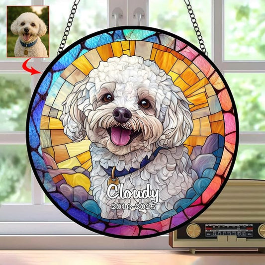 Custom Pet Portrait Stained Glass Suncatcher – Personalized Dog Memorial Ornament, Pet Loss Remembrance Gift, Window Hanging, Bereavement Keepsake, Home Decor
