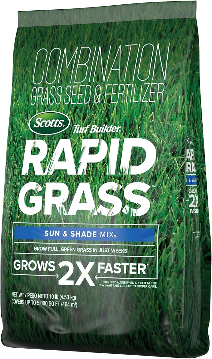 Scotts Turf Builder Rapid Grass Sun and Shade Mix, Grass Seed with Fertilizer for Full, Green Grass in Just Weeks, 10 lbs.