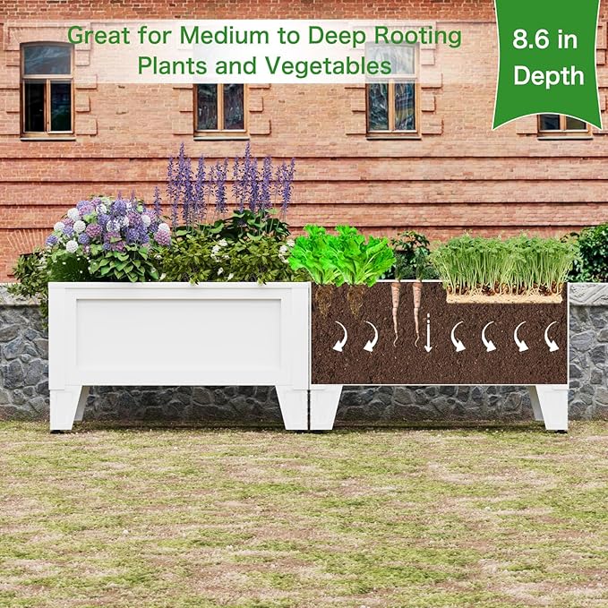 Raised Garden Bed with Low Profile Design Metal Planter Box for Growing Fresh Herbs Vegetables Flowers Succulents&Other Plants for Outdoor Backyard Patio Deck Balcony White