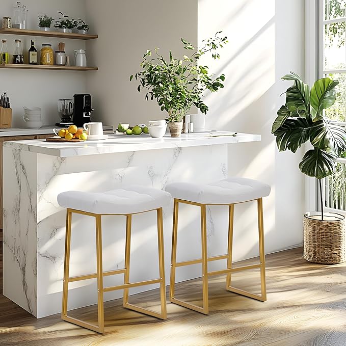 White & Gold Counter Height Bar Stool for Kitchen Counter Modern Backless Barstool with Upholstered Faux Leather Seat and Metal Frame Industrial 24 inch Bar Chair