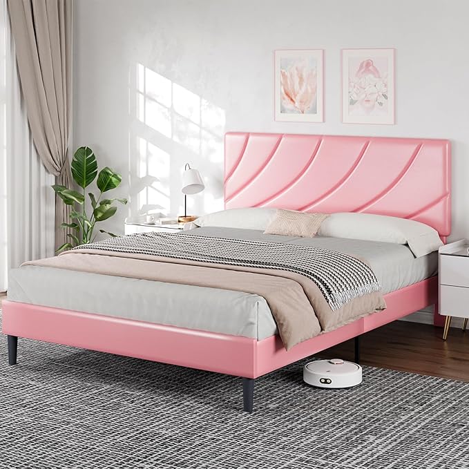 HOMBCK Queen Bed Frame with Headboard, Upholstered Bed Frames, Strong Wooden Slats, No Box Spring Needed, Easy Assembly, Pink