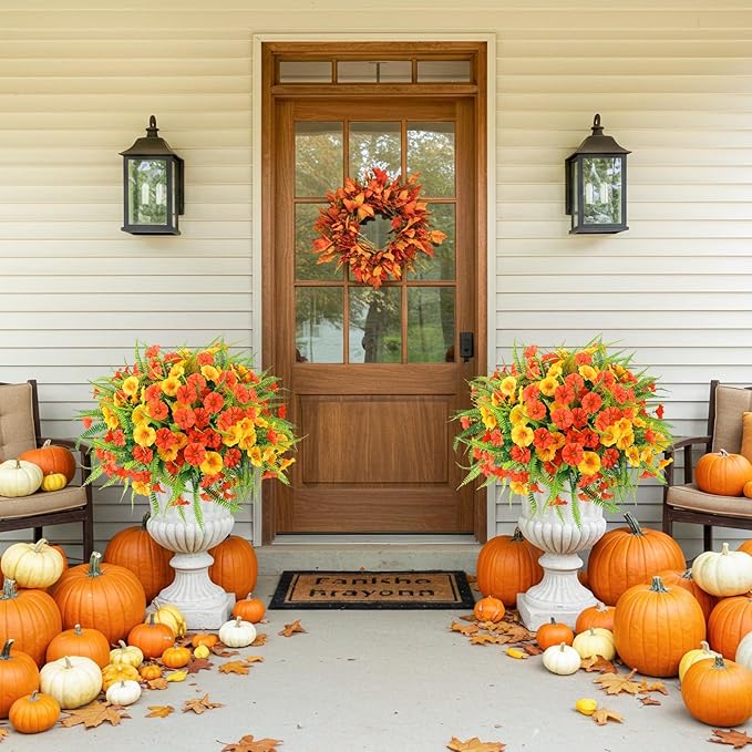 Artificial Fall Flowers for Outdoors 12 Bundles Fake Mums Petunias Flowers UV Resistant Shrubs Plants with Fern for Indoor Outside Hanging Planters Home Garden Autumn Decoration(Orange Yellow)
