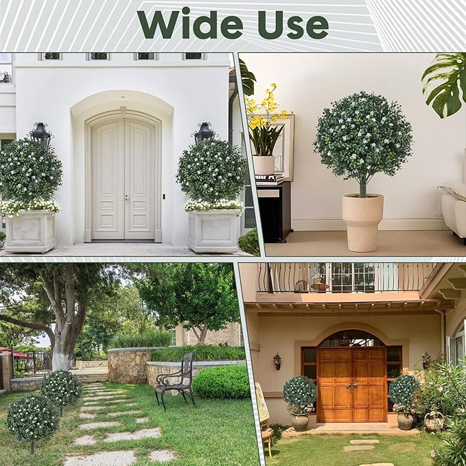 Artificial Boxwood Topiary Shrub with White Flowers,Set of 2 Artificial Boxwood Ball Bush with Metal Spike, UV Resistant Realistic Faux Shrubs for Garden, Yard, Patio, Porch Outdoor Decor