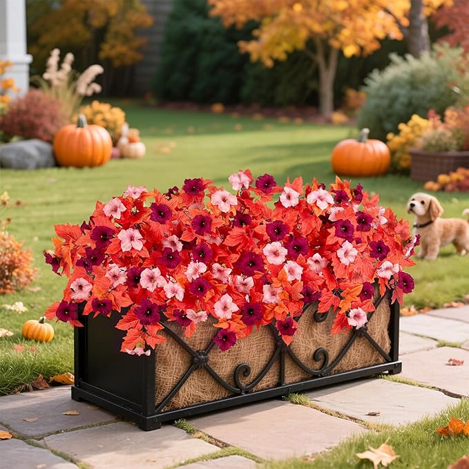 Fake Fall Flowers for Outdoors Decor 2PCS Artificial Flowers Fake Faux Silk Petunias Faux Fall Flower, UV Resistant Autumn Plants for Garden Porch Balcony Realistic Halloween Decoration(Burgundy Pink)