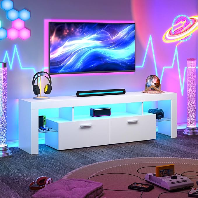 Clikuutory Modern Lighting 63 inch TV Stand with Large Storage Drawer for 50 55 60 65 70 75 Inch TVs, TV Console with 20 Color LED Lights, Entertainment Center Media and Open Shelf for Bedroom, White