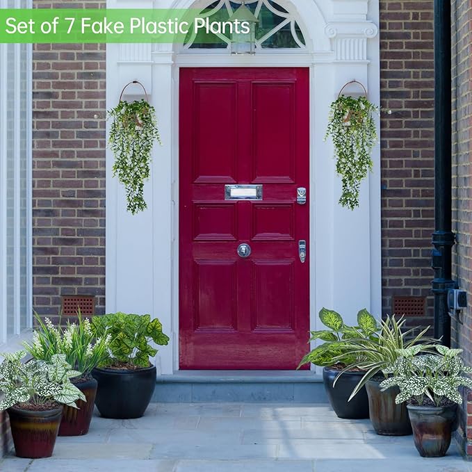 16Pack Artificial Plants Outdoor UV Resistant Faux Greenery Stems Shrubs with 7 Kinds of Fake Plastic Plant and Hanging Eucalyptus Plants Bushes Green Boxwood for Indoor Garden Patios Porches Decor