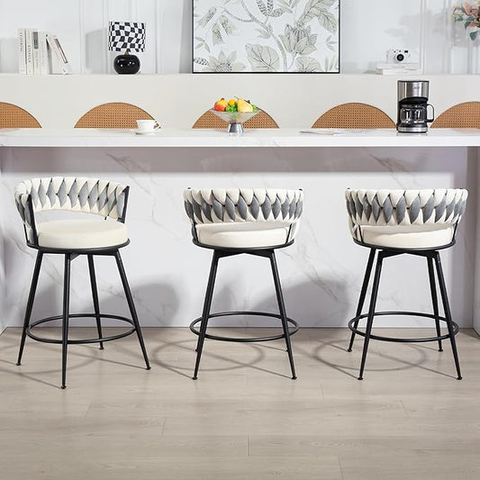 Swivel Bar Stools Set of 3, 24 Inches Modern Counter Height Bar Stools with Woven Back, White Upholstered Suede Tall Barstools for Kitchen Island, Cafe