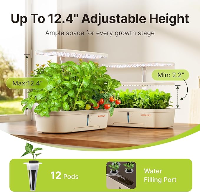 SUNCOZE Hydroponics Growing System Kit 12 Pods, Indoor herb Garden with 20W LED Grow Light, Visible Water Tank with Pump, 2.2"-12.4" Adjustable Height Indoor Gardening System, Gardening Gifts, Beige