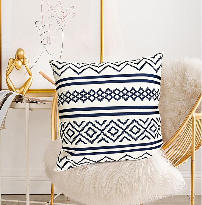 Decorative Throw Pillow Covers Set of 2 Blue Boho Pillow Covers 22x22 Inch Throw Pillow Cover Linen Pillowcase Modern Farmhouse Outdoor Pillow Covers for Couch Sofa Bed Living Room