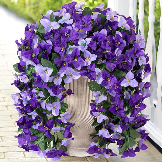 2 pcs Artificial Faux Bougainvillea Flowers Plants for Outdoor Outside Summer Decoration, Fake Silk UV Resistant Long Trailing Vines for Front Door Porch Planter Balcony (Purple Dark Purple)