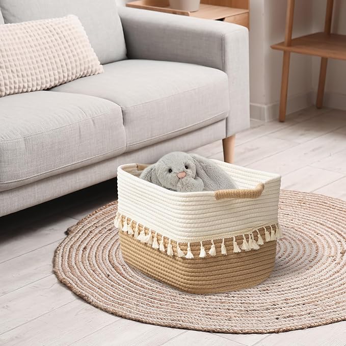 TeoKJ Woven Storage Bin Set of 3, Cotton Rope Basket for Storage, Clothes Boho Basket Bin for Organizing, Fabric Basket for Books, Plants, Pet Treats, White & Jute