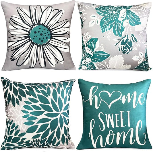 Decorative Throw Pillow Covers Set of 4 Green Pillow Covers 18x18 inch Farmhouse Throw Pillow Cover Linen Square Pillowcase Cushion Cases, Boho Pillow Covers for Couch Sofa Outdoor Home