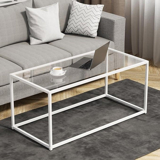 Coffee Table for Living Room, Glass Coffee Tables, Modern 39.4" Center Table for Small Space, Apartment, Office Living Room Home, Rectangular Coffee Table with Clear Glass Top & Metal Frame, White