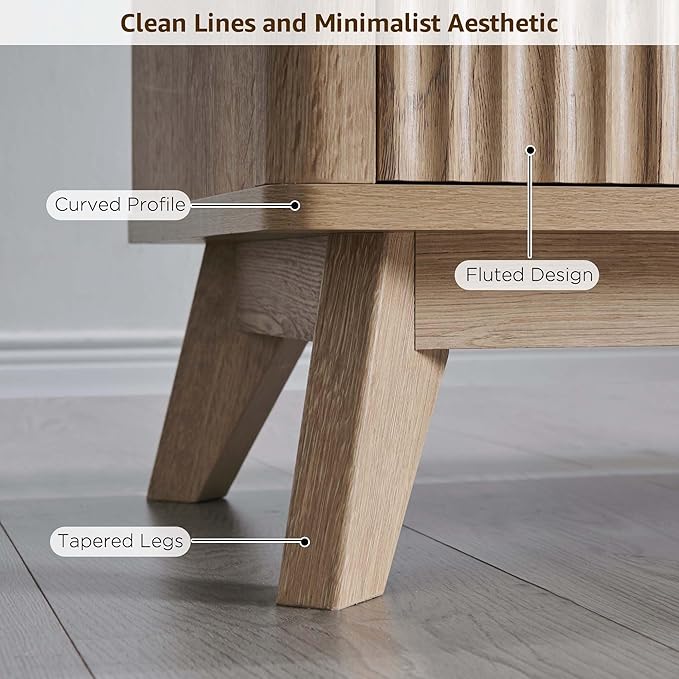 OKD 70" Mid Century Modern Fluted TV Stand, Entertainment Center, Sideboard, Media Console for Living Room with 2 Soft Close Door/Adjustable Shelves (Natural Oak)