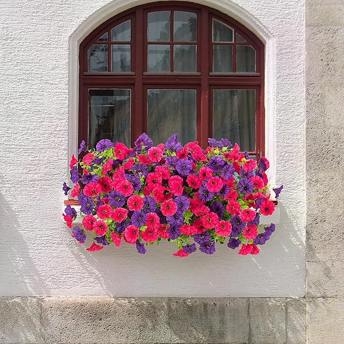 Artificial Flowers for Outdoors Decoration, 10 Bundles Fake Plastic Flower Plant, Faux Colorful Silk Morning Glory Petunias for Outside Garden Porch Front Door Decor, Rose Purple