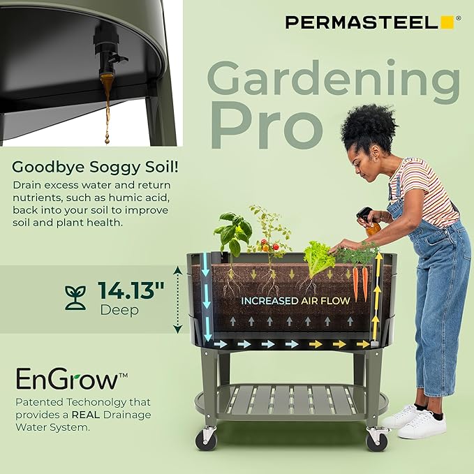 Permasteel Raised Garden Bed with Legs, 40×20×37 in, Planter Box with EnGrow™ TrueSoil™ Technology for Vegetables, Flowers, Herbs, and Fruit, Outdoor Indoor, Storage Shelf, Green