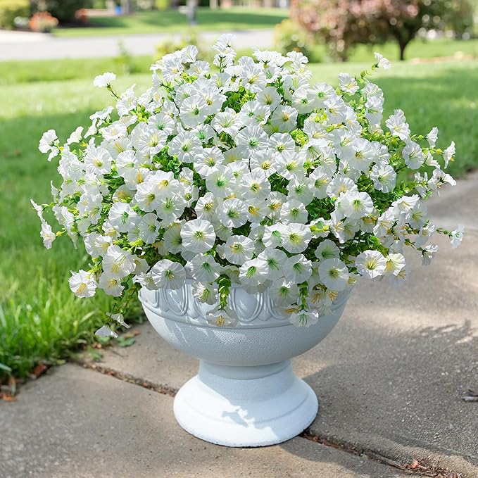 Artificial Flowers Fake Plants for Outdoors Decoration, 12 Bundles White Silk Morning Glory with Eucalyptus Realistic UV Resistant Faux Flowers for Outside Planter Porch Yard Patio Garden Home Indoor