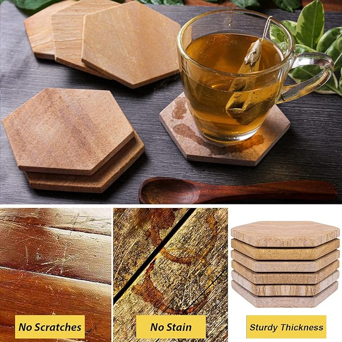 Sandstone Water Absorbent Hand Crafted Hexagon Coasters for Drinks - 4 Inches Wide Thirsty Stone Bar/Drink Coasters- Made from Rainbow Sandstone (Set of 6 Without Holder)