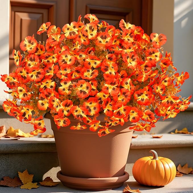 16 Bundles Artificial Fall Flowers for Outdoors Decoration, Fake Pansy Flowers UV Resistant Silk Faux Pansies Autumn Plants for Garden Window Box Patio Planter Porch Home Decor, Orange